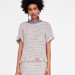 ZARA | Women Frayed Top Woven Blouse Tweed Boucle